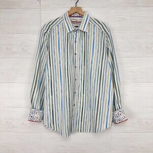 Robert‎ Graham Mens Button Up Shirt XL Flip Cuff Striped Blue White Long Sleeves